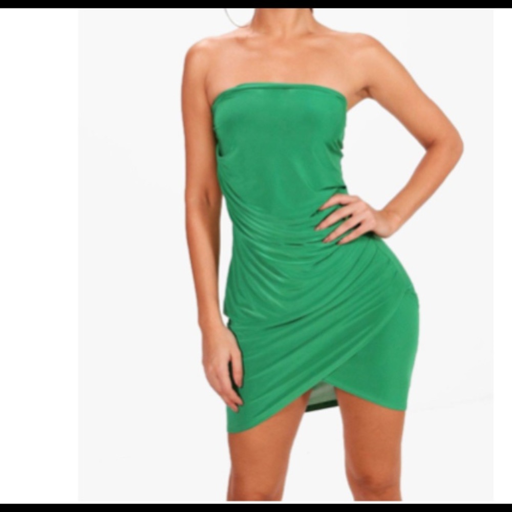 Green Bandeau Draped side bodycon dress